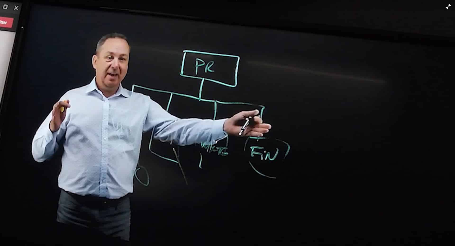 Personne expliquant un concept devant un tableau lumineux