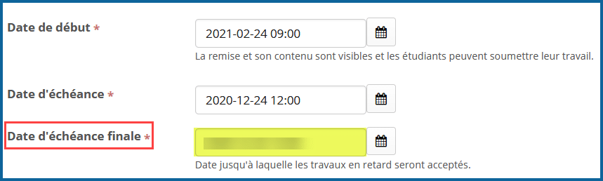 Date d'échéance finale dans Remise de travaux