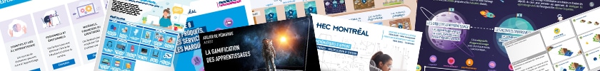 Exemples de matériel pédagogique (Affiche, formations, scénarimage, site interactif, capsules vidéo)