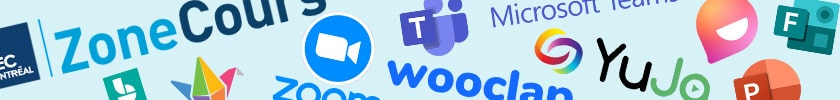 Logos des logiciels technopédagogiques offerts à l'École (Teams, Zoom, ZoneCours, Wooclap, Padlet, Bookings, Forms, PowerPoint, Yuja)