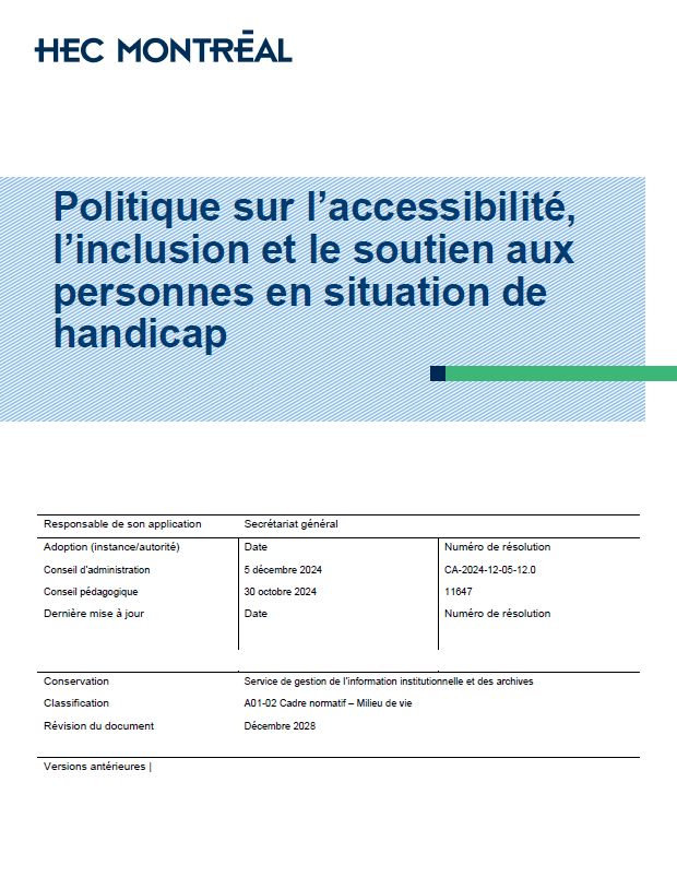 Page couverture de la Politique sur l'accessibilité, l'inclusion et le soutien aux personnes en situation de handicap.