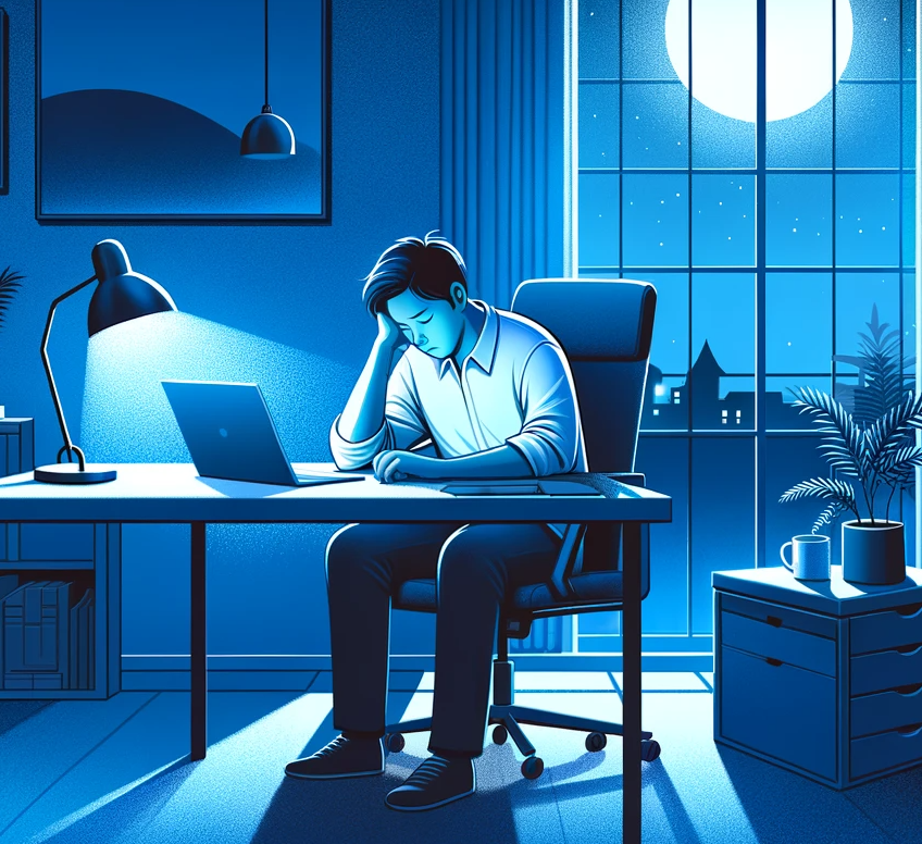 Une personne étudiante qui est fatiguée devant un écran le soir.