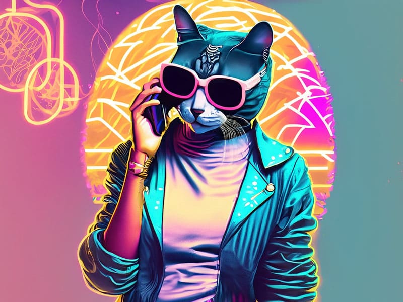 Chat ayant un corps humanoïd dans un monde de cyberespace et parlant au téléphone - Formation communication en grands groupes