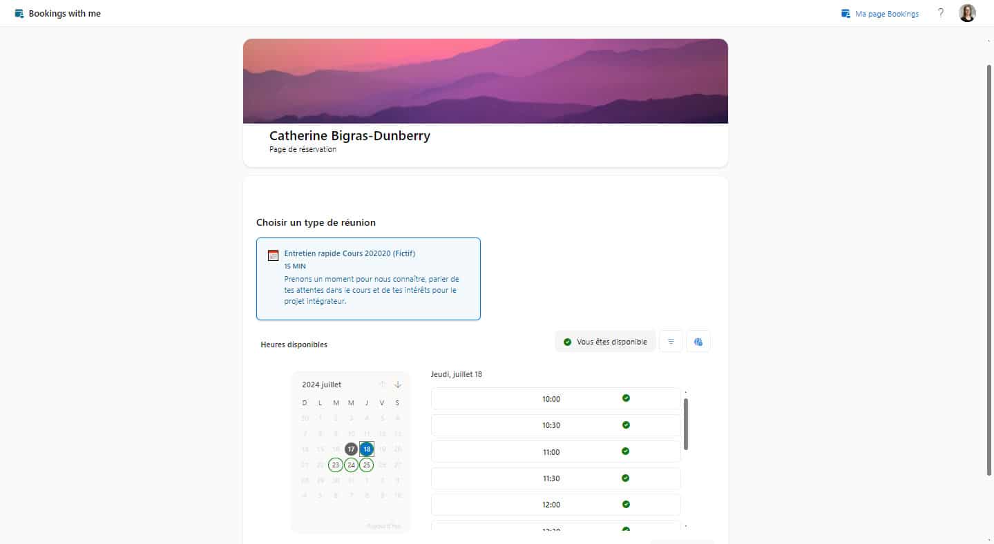 Interface de prises de rendez-vous de Bookings