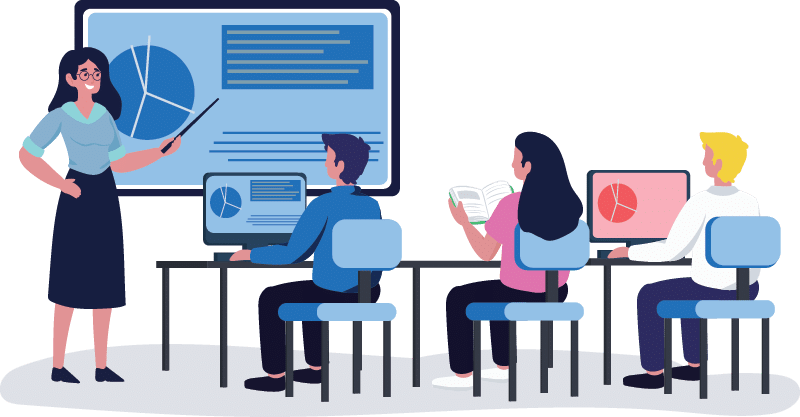 Une personne enseigne et trois personnes étudiantes l'écoute en classe.