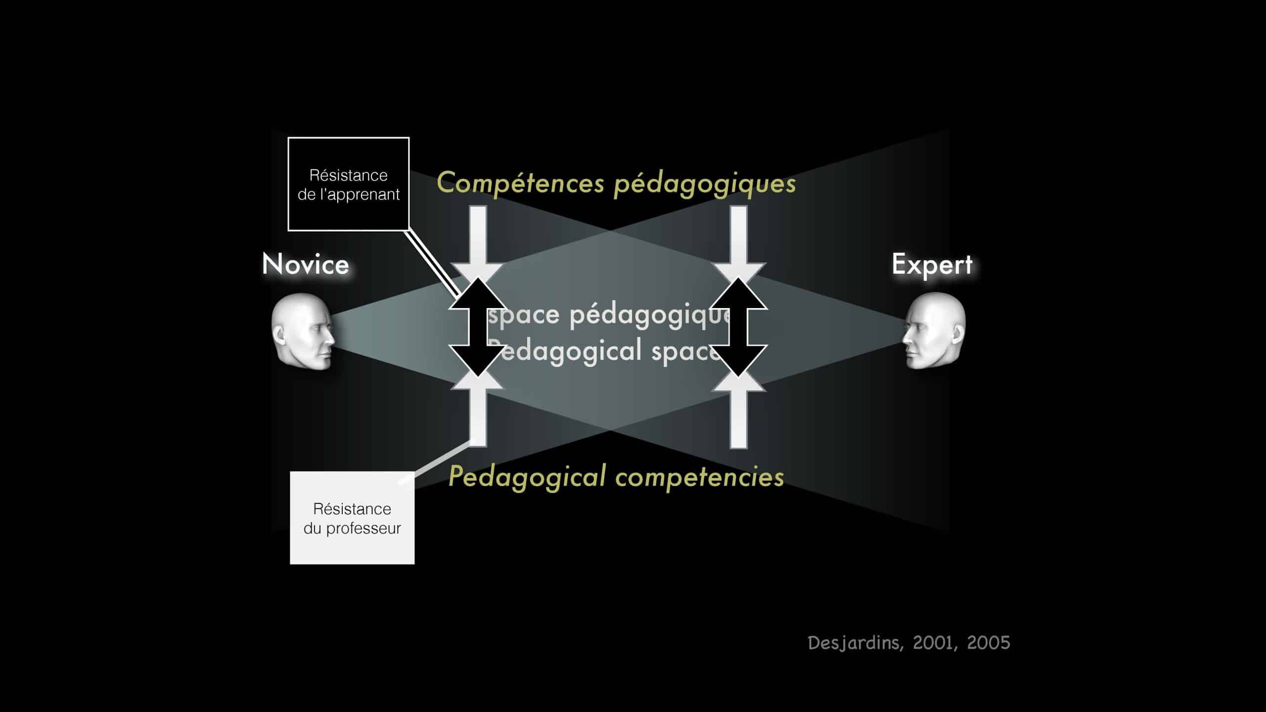 Posture de novice et d'expert. Les deux se regardent, ce qui crée une zone nommée "espace pédagogique" qui est un lieu de résistence entre les deux personnes, ce qui permet un apprentissage